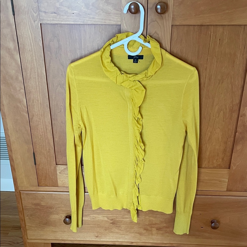 J. Crew Mustard Marino Wool Knit Ruffle Cardigan